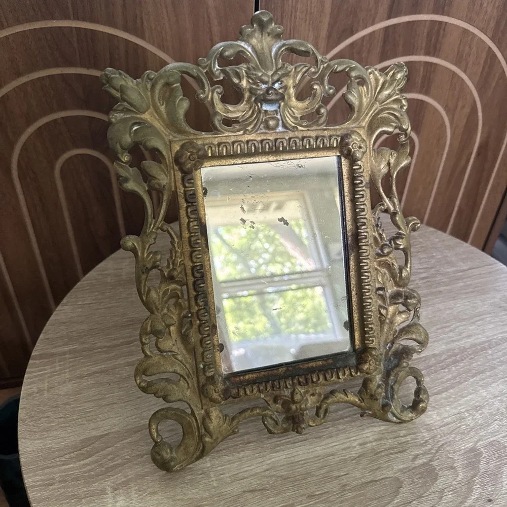 Antique Vtg Victorian Ornate Easel Picture Frame/Mirror Cast Iron Bronze Lion